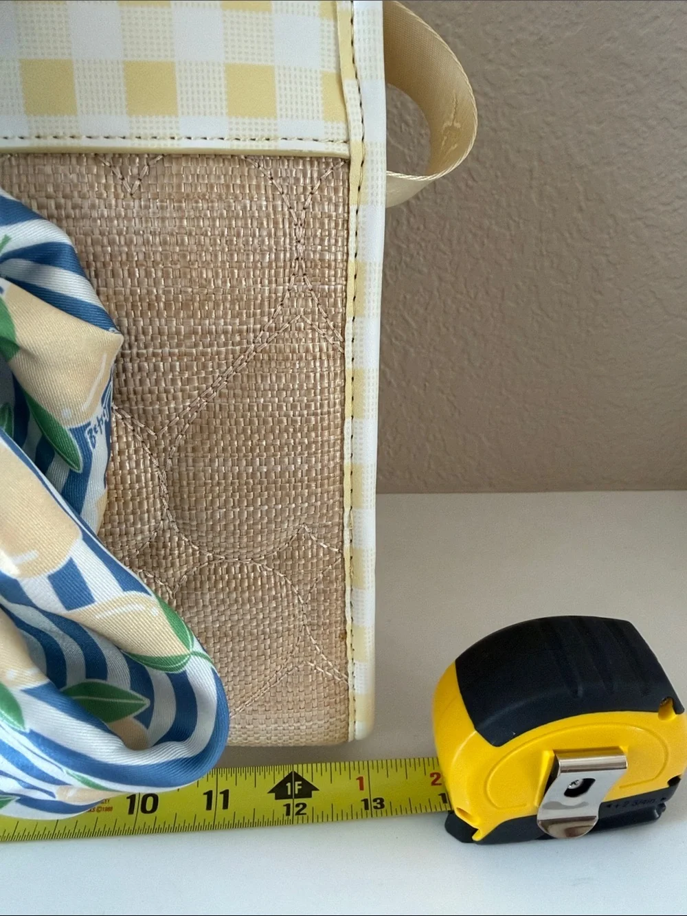 Betsy Johnson Yellow Check & Straw Tote Bag with Blue Lemon Scarf